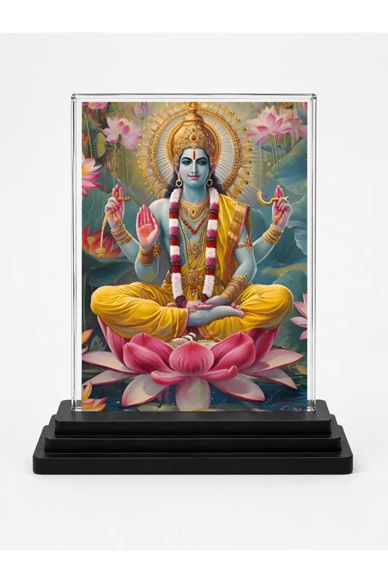Shree Vishnu Acrylic Car Dashboard Showpiece | Double-Sided Shree Vishnu Photo Stand | 3 X 4 Inch Photo | Transparent Acrylic Frame With Black Base | Car Dashboard, Office & Table Decor (F71327)