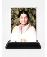 Lata Mangeshkar Acrylic Car Dashboard Showpiece | Double-Sided Lata Mangeshkar Photo Stand | 3 X 4 Inch Photo | Transparent Acrylic Frame With Black Base | Car Dashboard, Office & Table Decor (F71328)