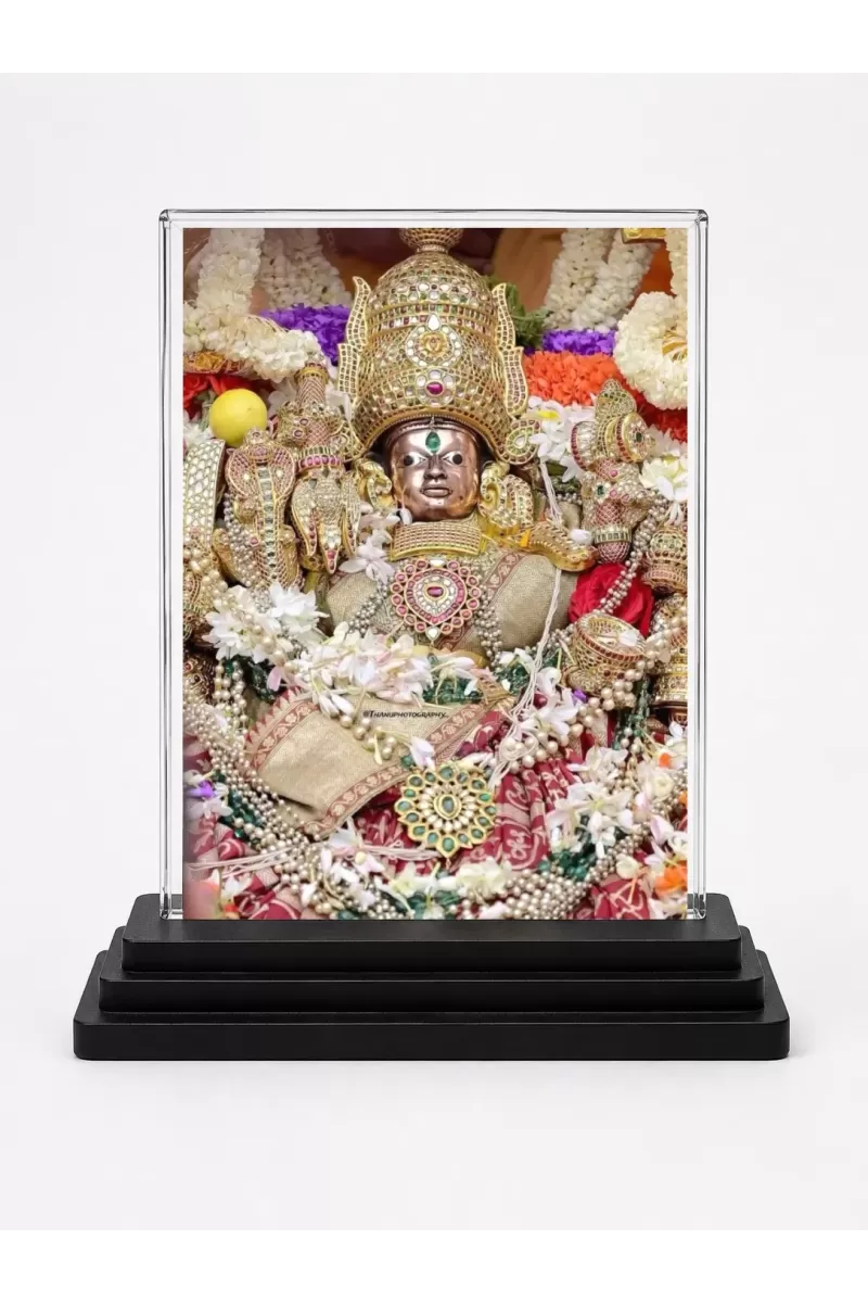 Venkateswara Acrylic Car Dashboard Showpiece | Double-Sided Venkateswara Photo Stand | 3 X 4 Inch Photo | Transparent Acrylic Frame With Black Base | Car Dashboard, Office & Table Decor (F71330)