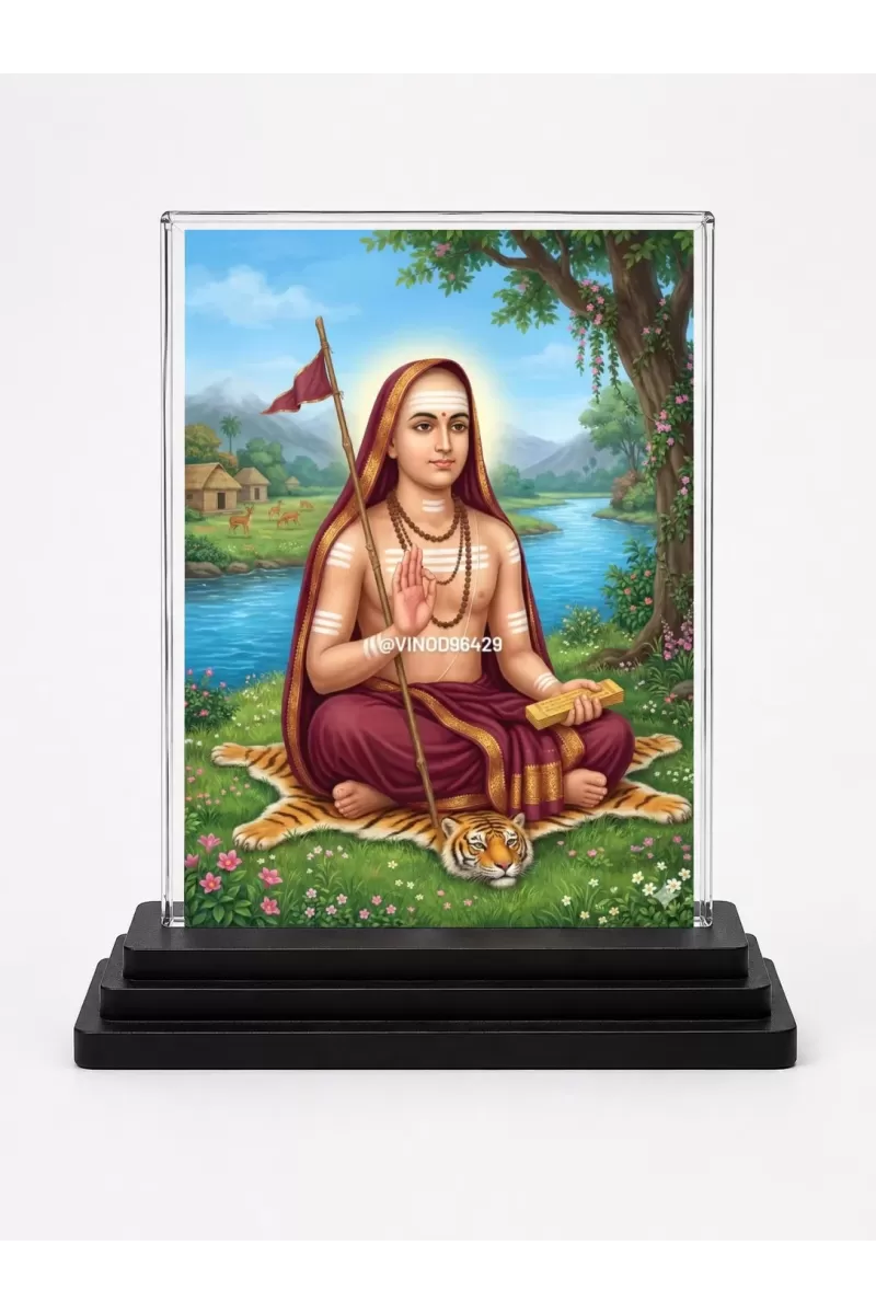 Adi Shankara Acrylic Car Dashboard Showpiece | Double-Sided Adi Shankara Photo Stand | 3 X 4 Inch Photo | Transparent Acrylic Frame With Black Base | Car Dashboard, Office & Table Decor (F71331)