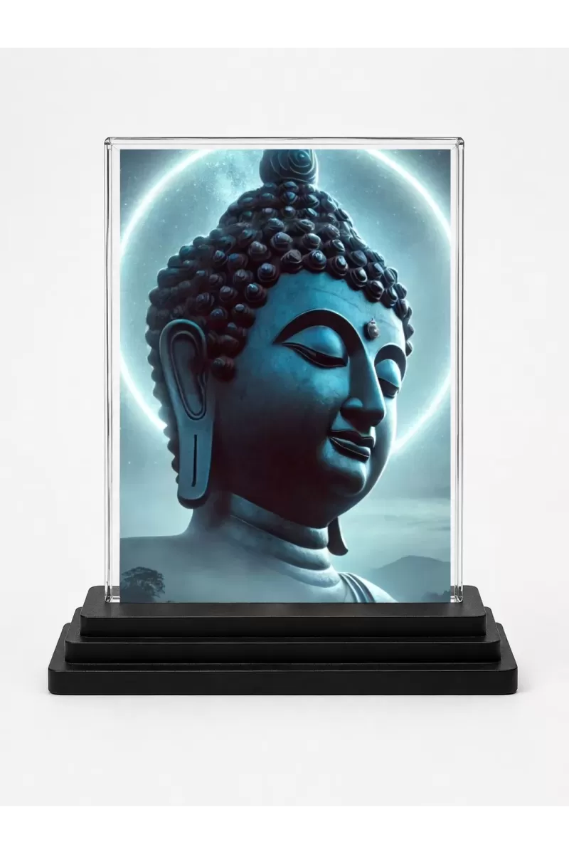 Gautama Buddha Acrylic Car Dashboard Showpiece | Double-Sided Gautama Buddha Photo Stand | 3 X 4 Inch Photo | Transparent Acrylic Frame With Black Base | Car Dashboard, Office & Table Decor (F71332)