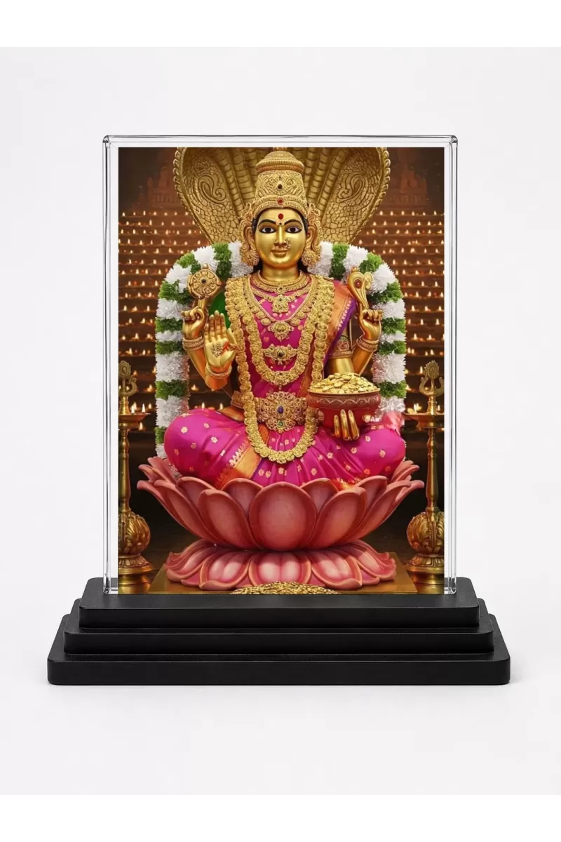 Lakshmi Acrylic Car Dashboard Showpiece | Double-Sided Lakshmi Photo Stand | 3 X 4 Inch Photo | Transparent Acrylic Frame With Black Base | Car Dashboard, Office & Table Decor (F71333)