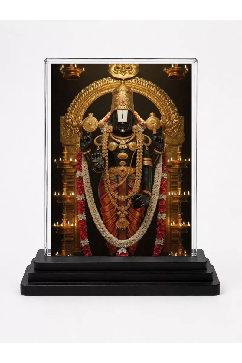 Venkateswara Acrylic Car Dashboard Showpiece | Double-Sided Venkateswara Photo Stand | 3 X 4 Inch Photo | Transparent Acrylic Frame With Black Base | Car Dashboard, Office & Table Decor (F71335)