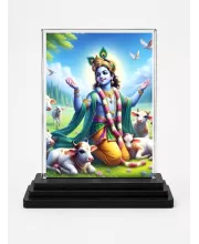 Shree Krishna Acrylic Car Dashboard Showpiece | Double-Sided Shree Krishna Photo Stand | 3 X 4 Inch Photo | Transparent Acrylic Frame With Black Base | Car Dashboard, Office & Table Decor (F71336)