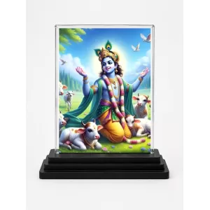 Shree Krishna Acrylic Car Dashboard Showpiece | Double-Sided Shree Krishna Photo Stand | 3 X 4 Inch Photo | Transparent Acrylic Frame With Black Base | Car Dashboard, Office & Table Decor (F71336)