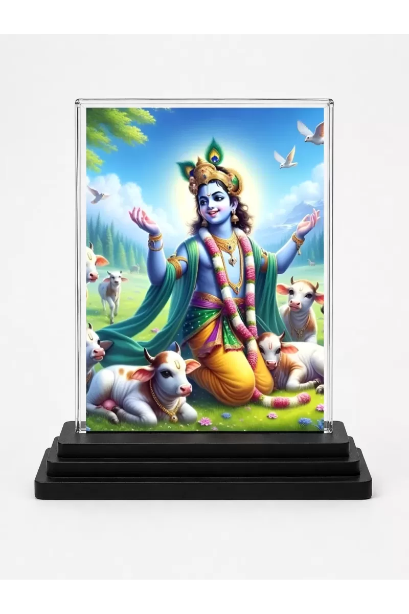 Shree Krishna Acrylic Car Dashboard Showpiece | Double-Sided Shree Krishna Photo Stand | 3 X 4 Inch Photo | Transparent Acrylic Frame With Black Base | Car Dashboard, Office & Table Decor (F71336)