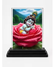 Lord Shree Krishna Acrylic Car Dashboard Showpiece | Double-Sided Lord Shree Krishna Photo Stand | 3 X 4 Inch Photo | Transparent Acrylic Frame With Black Base | Car Dashboard, Office & Table Decor (F71338)