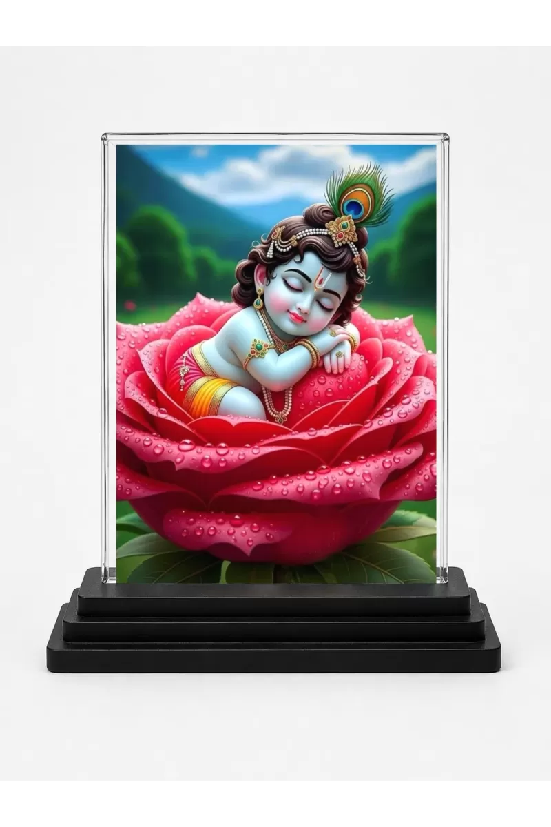 Lord Shree Krishna Acrylic Car Dashboard Showpiece | Double-Sided Lord Shree Krishna Photo Stand | 3 X 4 Inch Photo | Transparent Acrylic Frame With Black Base | Car Dashboard, Office & Table Decor (F71338)