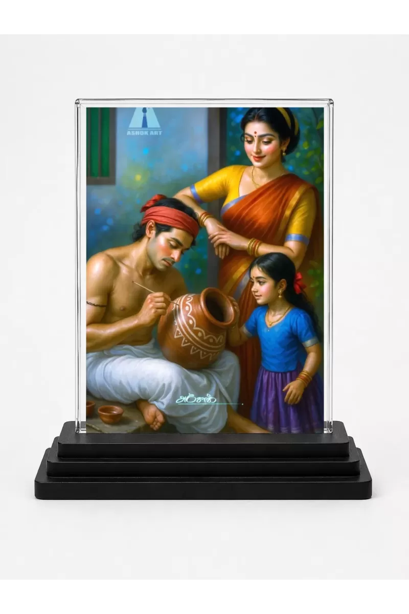 Village Paiting Acrylic Car Dashboard Showpiece | Double-Sided Village Paiting Photo Stand | 3 X 4 Inch Photo | Transparent Acrylic Frame With Black Base | Car Dashboard, Office & Table Decor (F71339)