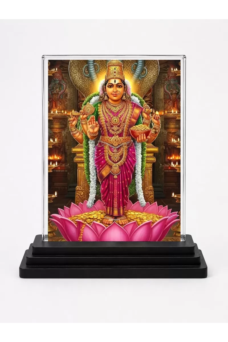 Lakshmi Acrylic Car Dashboard Showpiece | Double-Sided Lakshmi Photo Stand | 3 X 4 Inch Photo | Transparent Acrylic Frame With Black Base | Car Dashboard, Office & Table Decor (F71340)