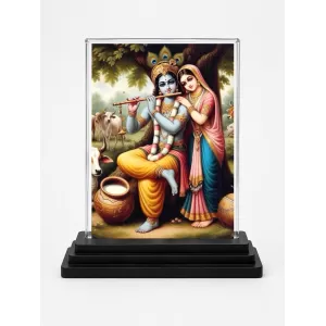 Shree Krishna Acrylic Car Dashboard Showpiece | Double-Sided Shree Krishna Photo Stand | 3 X 4 Inch Photo | Transparent Acrylic Frame With Black Base | Car Dashboard, Office & Table Decor (F71342)