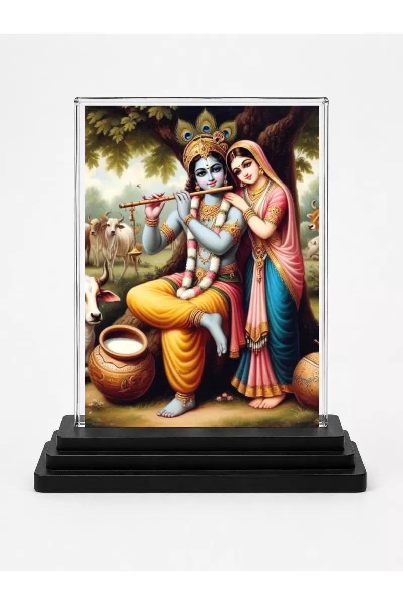 Shree Krishna Acrylic Car Dashboard Showpiece | Double-Sided Shree Krishna Photo Stand | 3 X 4 Inch Photo | Transparent Acrylic Frame With Black Base | Car Dashboard, Office & Table Decor (F71342)