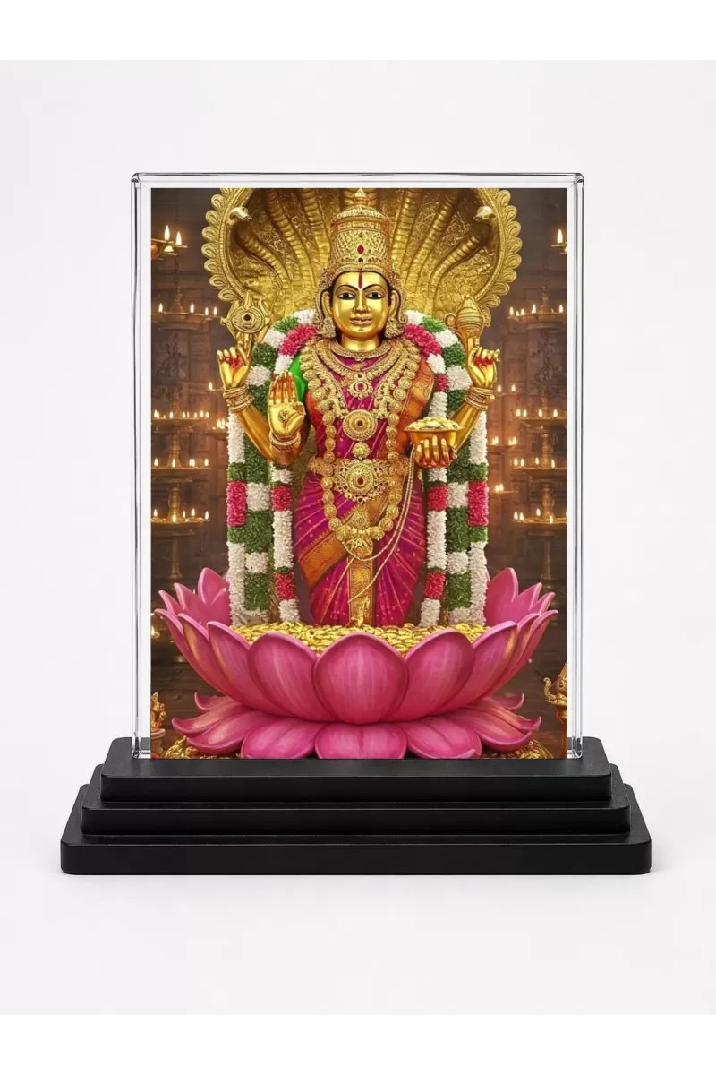 Lakshmi Acrylic Car Dashboard Showpiece | Double-Sided Lakshmi Photo Stand | 3 X 4 Inch Photo | Transparent Acrylic Frame With Black Base | Car Dashboard, Office & Table Decor (F71343)