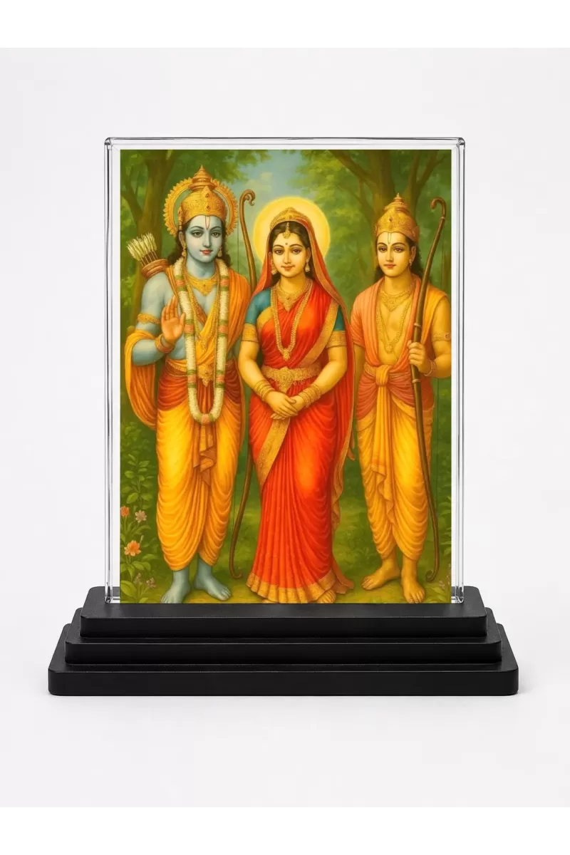 Lord Ram Darbar Acrylic Car Dashboard Showpiece | Double-Sided Lord Ram Darbar Photo Stand | 3 X 4 Inch Photo | Transparent Acrylic Frame With Black Base | Car Dashboard, Office & Table Decor (F71344)