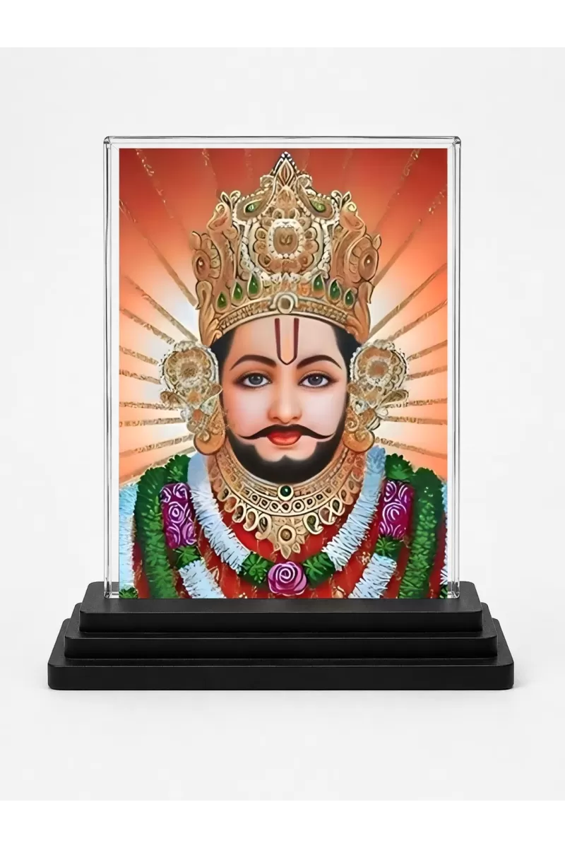 Khatu Shyam Acrylic Car Dashboard Showpiece | Double-Sided Khatu Shyam Photo Stand | 3 X 4 Inch Photo | Transparent Acrylic Frame With Black Base | Car Dashboard, Office & Table Decor (F71345)