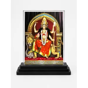 Goddess Durga Acrylic Car Dashboard Showpiece | Double-Sided Goddess Durga Photo Stand | 3 X 4 Inch Photo | Transparent Acrylic Frame With Black Base | Car Dashboard, Office & Table Decor (F71347)