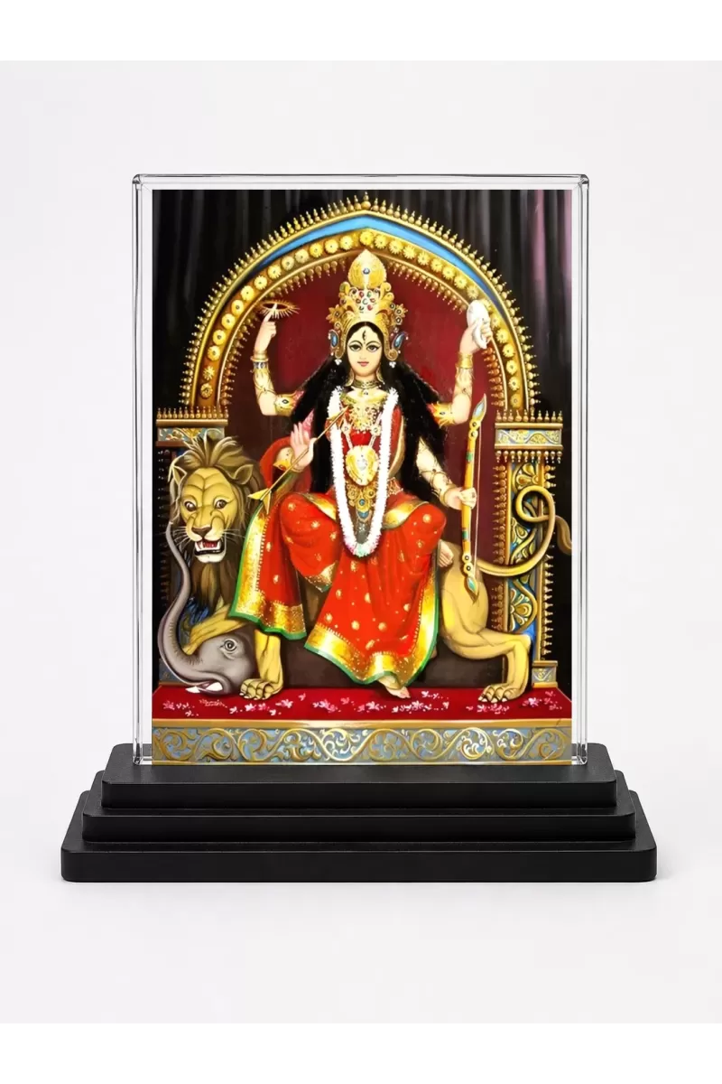 Goddess Durga Acrylic Car Dashboard Showpiece | Double-Sided Goddess Durga Photo Stand | 3 X 4 Inch Photo | Transparent Acrylic Frame With Black Base | Car Dashboard, Office & Table Decor (F71347)