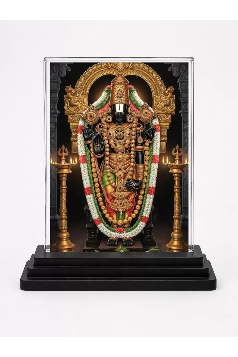 Lord Venkateswara Acrylic Car Dashboard Showpiece | Double-Sided Lord Venkateswara Photo Stand | 3 X 4 Inch Photo | Transparent Acrylic Frame With Black Base | Car Dashboard, Office & Table Decor (F71349)