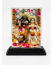 Shree Krishna And Shree Radha Acrylic Car Dashboard Showpiece | Double-Sided Shree Krishna And Shree Radha Photo Stand | 3 X 4 Inch Photo | Transparent Acrylic Frame With Black Base | Car Dashboard, Office & Table Decor (F71350)