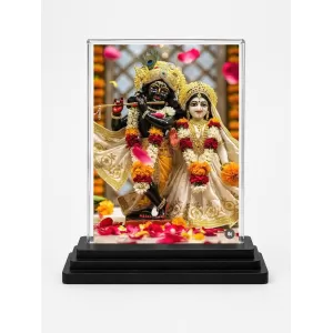 Shree Krishna And Shree Radha Acrylic Car Dashboard Showpiece | Double-Sided Shree Krishna And Shree Radha Photo Stand | 3 X 4 Inch Photo | Transparent Acrylic Frame With Black Base | Car Dashboard, Office & Table Decor (F71350)