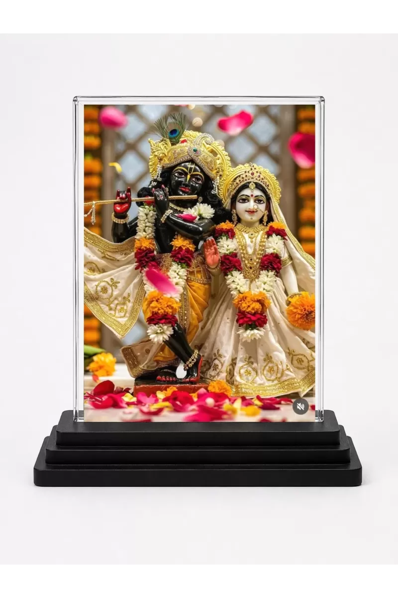 Shree Krishna And Shree Radha Acrylic Car Dashboard Showpiece | Double-Sided Shree Krishna And Shree Radha Photo Stand | 3 X 4 Inch Photo | Transparent Acrylic Frame With Black Base | Car Dashboard, Office & Table Decor (F71350)