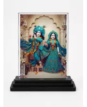 Shree Krishna And Shree Radha Acrylic Car Dashboard Showpiece | Double-Sided Shree Krishna And Shree Radha Photo Stand | 3 X 4 Inch Photo | Transparent Acrylic Frame With Black Base | Car Dashboard, Office & Table Decor (F71351)