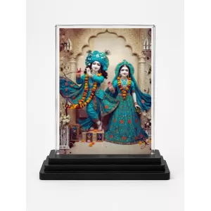 Shree Krishna And Shree Radha Acrylic Car Dashboard Showpiece | Double-Sided Shree Krishna And Shree Radha Photo Stand | 3 X 4 Inch Photo | Transparent Acrylic Frame With Black Base | Car Dashboard, Office & Table Decor (F71351)