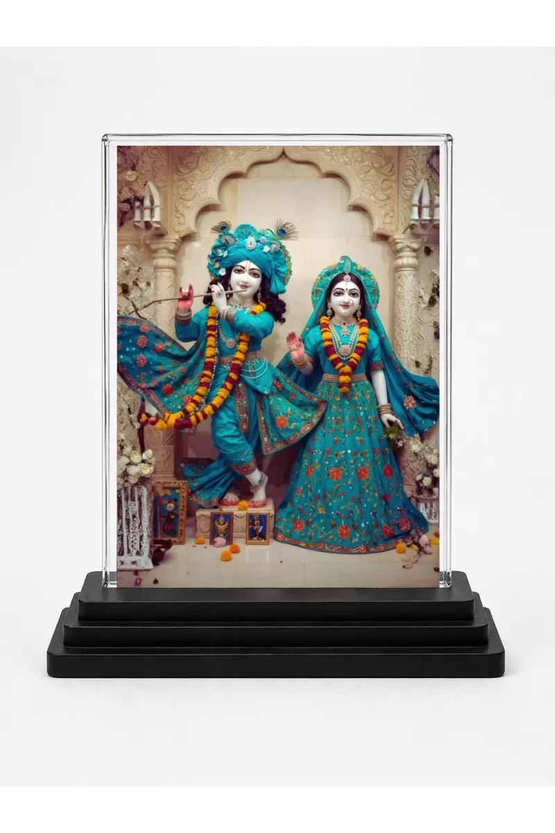 Shree Krishna And Shree Radha Acrylic Car Dashboard Showpiece | Double-Sided Shree Krishna And Shree Radha Photo Stand | 3 X 4 Inch Photo | Transparent Acrylic Frame With Black Base | Car Dashboard, Office & Table Decor (F71351)