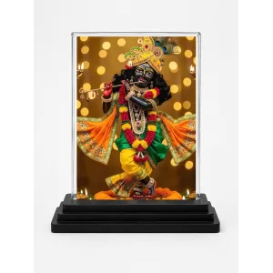 Shree Krishna Acrylic Car Dashboard Showpiece | Double-Sided Shree Krishna Photo Stand | 3 X 4 Inch Photo | Transparent Acrylic Frame With Black Base | Car Dashboard, Office & Table Decor (F71352)