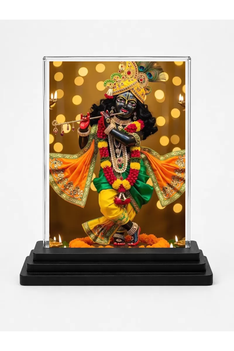 Shree Krishna Acrylic Car Dashboard Showpiece | Double-Sided Shree Krishna Photo Stand | 3 X 4 Inch Photo | Transparent Acrylic Frame With Black Base | Car Dashboard, Office & Table Decor (F71352)