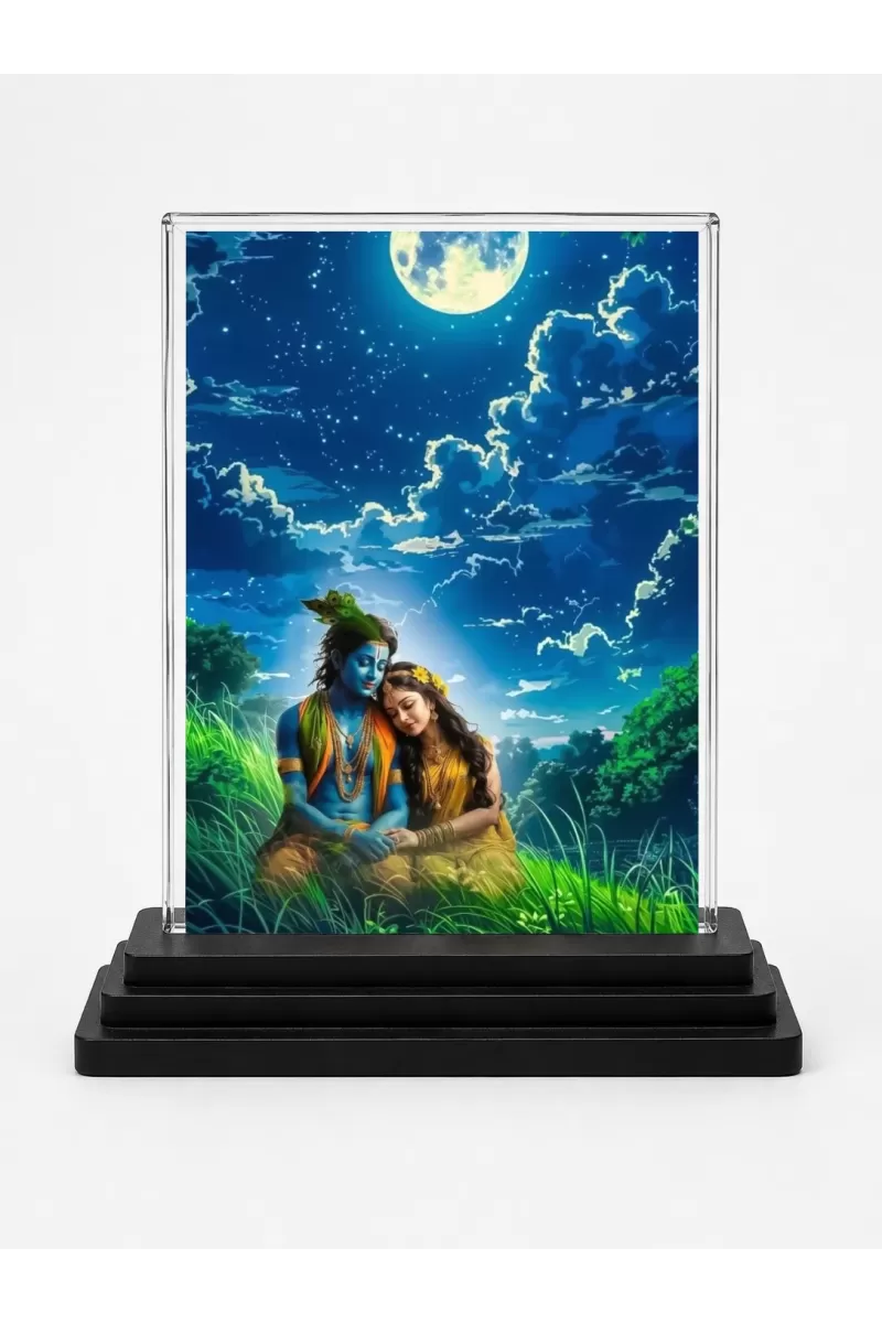 Radha Krishna Acrylic Car Dashboard Showpiece | Double-Sided Radha Krishna Photo Stand | 3 X 4 Inch Photo | Transparent Acrylic Frame With Black Base | Car Dashboard, Office & Table Decor (F71355)