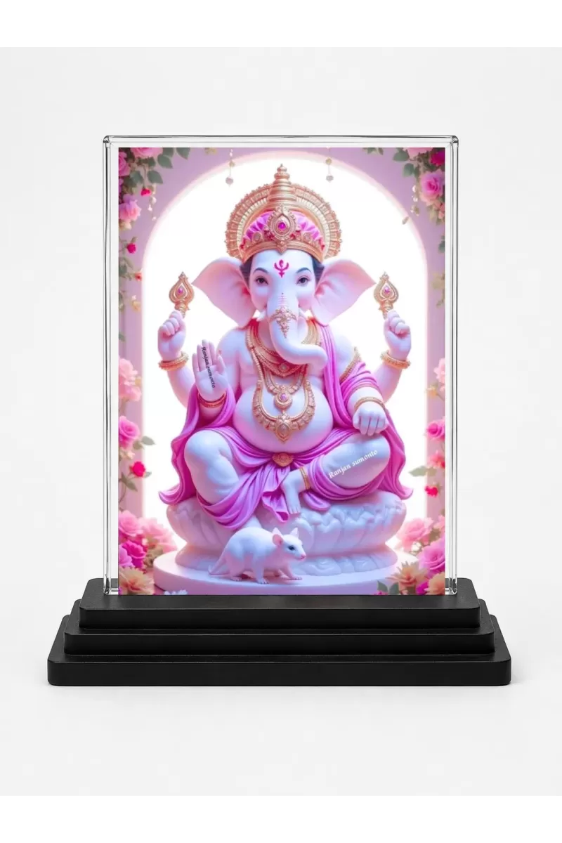 Ganesha Acrylic Car Dashboard Showpiece | Double-Sided Ganesha Photo Stand | 3 X 4 Inch Photo | Transparent Acrylic Frame With Black Base | Car Dashboard, Office & Table Decor (F71356)