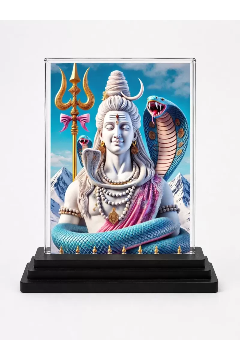 Lord Shiva Acrylic Car Dashboard Showpiece | Double-Sided Lord Shiva Photo Stand | 3 X 4 Inch Photo | Transparent Acrylic Frame With Black Base | Car Dashboard, Office & Table Decor (F71357)