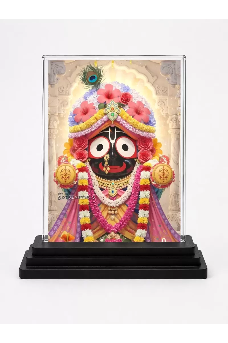Lord Jagannatha Acrylic Car Dashboard Showpiece | Double-Sided Lord Jagannatha Photo Stand | 3 X 4 Inch Photo | Transparent Acrylic Frame With Black Base | Car Dashboard, Office & Table Decor (F71359)