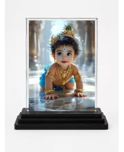 Krishna Acrylic Car Dashboard Showpiece | Double-Sided Krishna Photo Stand | 3 X 4 Inch Photo | Transparent Acrylic Frame With Black Base | Car Dashboard, Office & Table Decor (F71362)