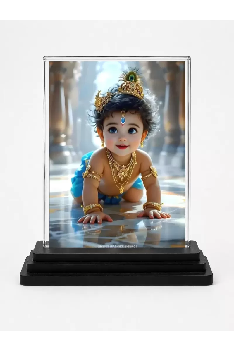 Krishna Acrylic Car Dashboard Showpiece | Double-Sided Krishna Photo Stand | 3 X 4 Inch Photo | Transparent Acrylic Frame With Black Base | Car Dashboard, Office & Table Decor (F71362)