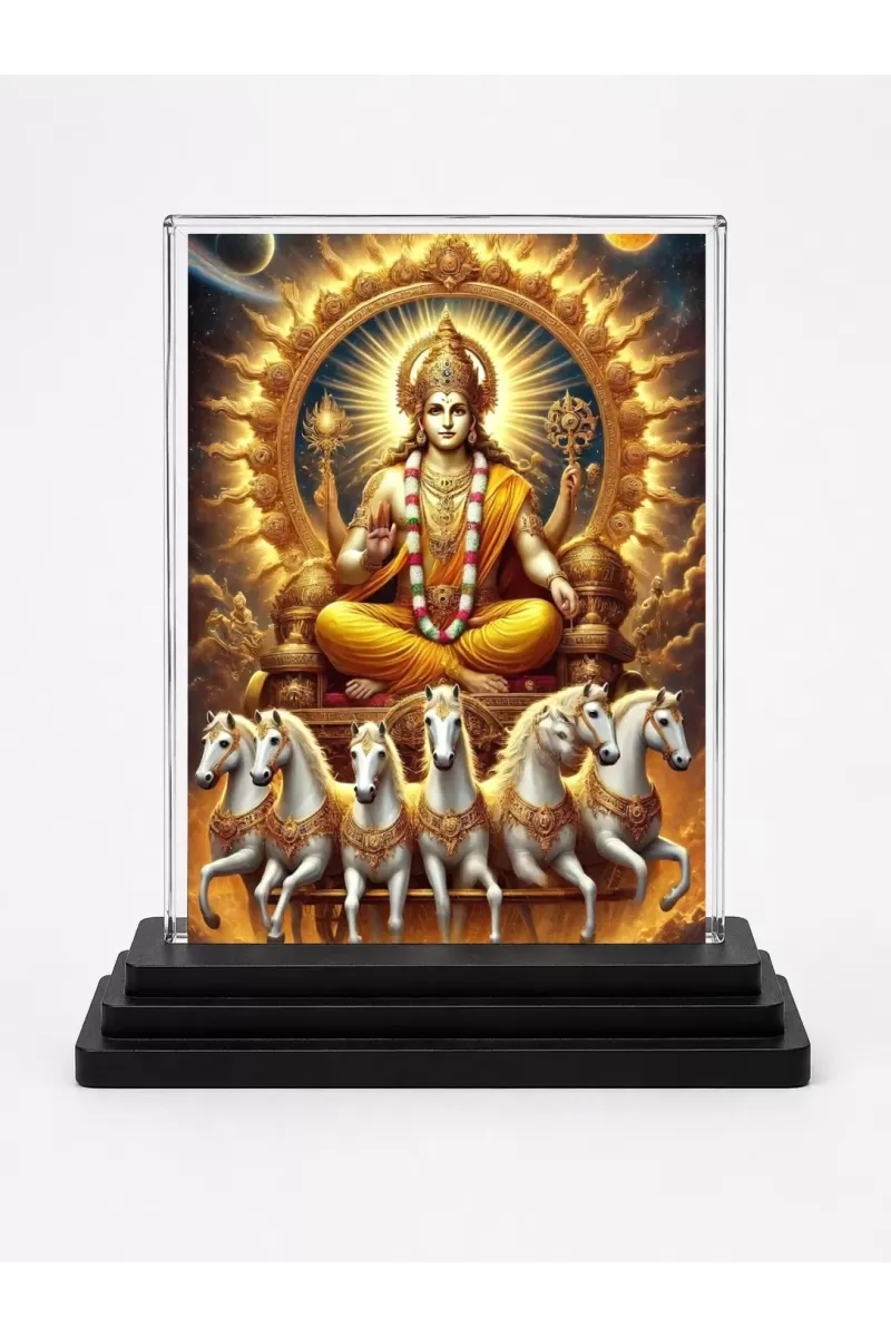 Lord Surya Acrylic Car Dashboard Showpiece | Double-Sided Lord Surya Photo Stand | 3 X 4 Inch Photo | Transparent Acrylic Frame With Black Base | Car Dashboard, Office & Table Decor (F71363)