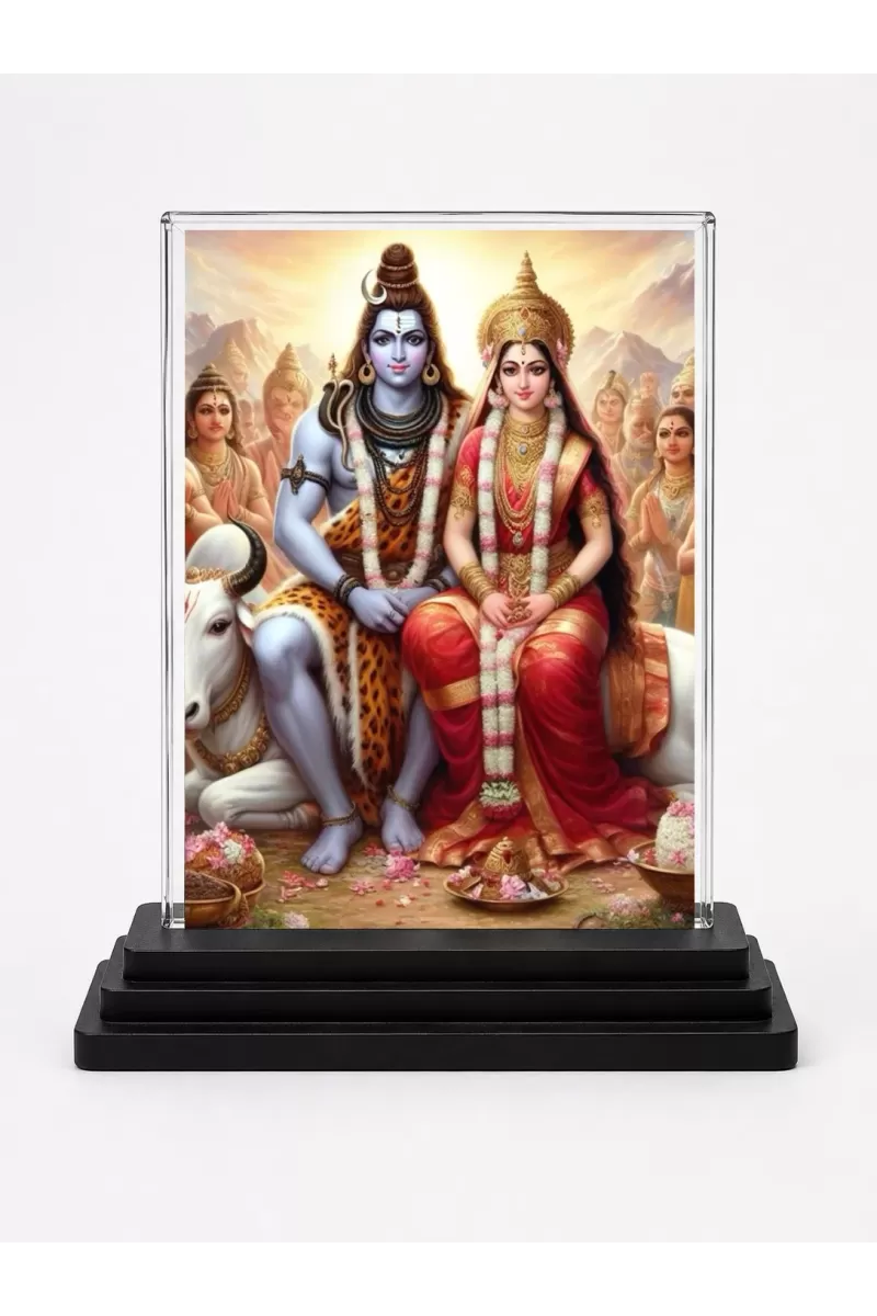 Lord Shiva And Parvati Acrylic Car Dashboard Showpiece | Double-Sided Lord Shiva And Parvati Photo Stand | 3 X 4 Inch Photo | Transparent Acrylic Frame With Black Base | Car Dashboard, Office & Table Decor (F71364)