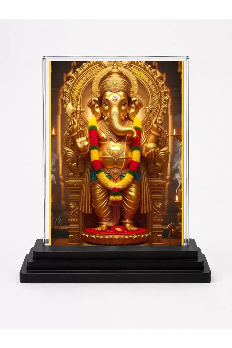 Lord Ganesha Acrylic Car Dashboard Showpiece | Double-Sided Lord Ganesha Photo Stand | 3 X 4 Inch Photo | Transparent Acrylic Frame With Black Base | Car Dashboard, Office & Table Decor (F71365)