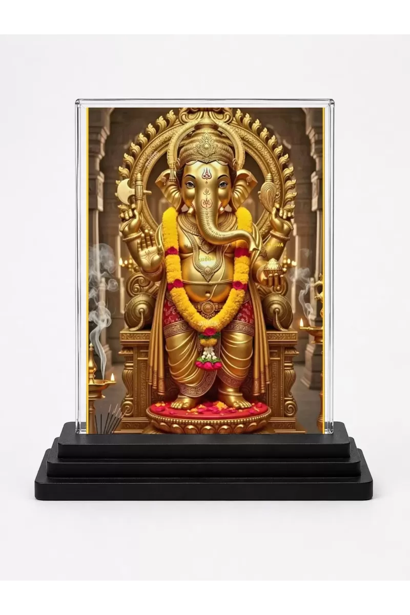 Lord Ganesha Acrylic Car Dashboard Showpiece | Double-Sided Lord Ganesha Photo Stand | 3 X 4 Inch Photo | Transparent Acrylic Frame With Black Base | Car Dashboard, Office & Table Decor (F71367)