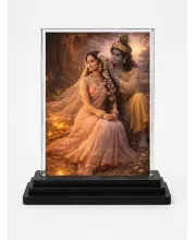 Radha And Shree Krishna Acrylic Car Dashboard Showpiece | Double-Sided Radha And Shree Krishna Photo Stand | 3 X 4 Inch Photo | Transparent Acrylic Frame With Black Base | Car Dashboard, Office & Table Decor (F71368)