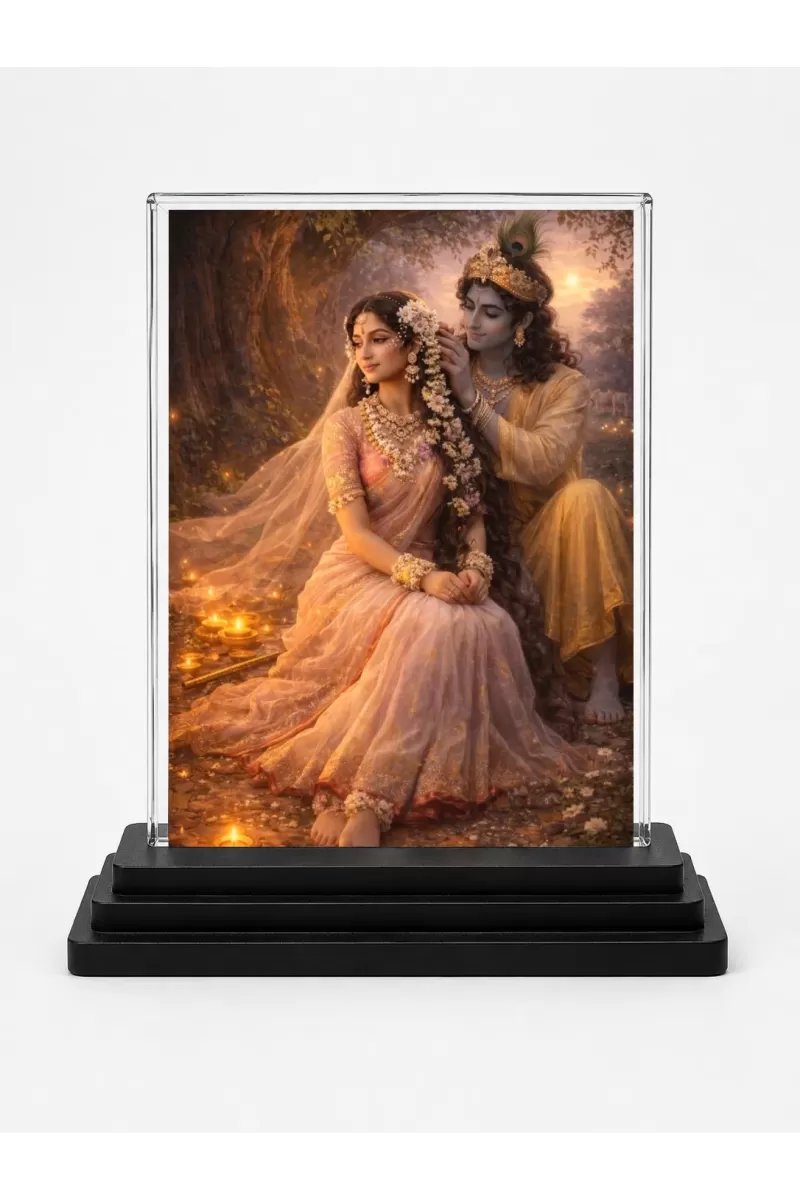 Radha And Shree Krishna Acrylic Car Dashboard Showpiece | Double-Sided Radha And Shree Krishna Photo Stand | 3 X 4 Inch Photo | Transparent Acrylic Frame With Black Base | Car Dashboard, Office & Table Decor (F71368)