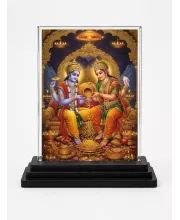 Lord Ganesha And Shree Krishna Acrylic Car Dashboard Showpiece | Double-Sided Lord Ganesha And Shree Krishna Photo Stand | 3 X 4 Inch Photo | Transparent Acrylic Frame With Black Base | Car Dashboard, Office & Table Decor (F71369)