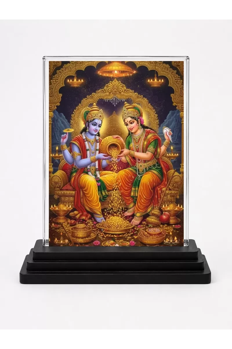 Lord Ganesha And Shree Krishna Acrylic Car Dashboard Showpiece | Double-Sided Lord Ganesha And Shree Krishna Photo Stand | 3 X 4 Inch Photo | Transparent Acrylic Frame With Black Base | Car Dashboard, Office & Table Decor (F71369)