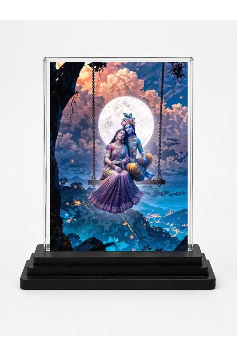 Radha Krishna Acrylic Car Dashboard Showpiece | Double-Sided Radha Krishna Photo Stand | 3 X 4 Inch Photo | Transparent Acrylic Frame With Black Base | Car Dashboard, Office & Table Decor (F71370)