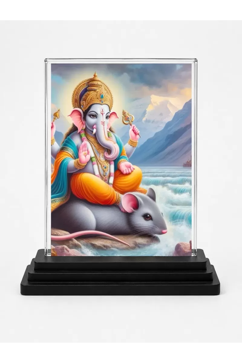 Lord Ganesha Acrylic Car Dashboard Showpiece | Double-Sided Lord Ganesha Photo Stand | 3 X 4 Inch Photo | Transparent Acrylic Frame With Black Base | Car Dashboard, Office & Table Decor (F71371)