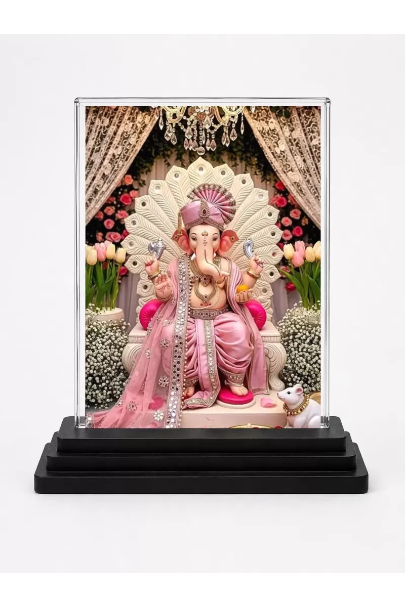 Lord Ganesha Acrylic Car Dashboard Showpiece | Double-Sided Lord Ganesha Photo Stand | 3 X 4 Inch Photo | Transparent Acrylic Frame With Black Base | Car Dashboard, Office & Table Decor (F71372)