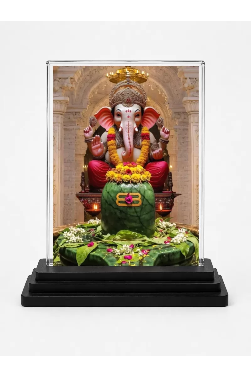 Ganesha Acrylic Car Dashboard Showpiece | Double-Sided Ganesha Photo Stand | 3 X 4 Inch Photo | Transparent Acrylic Frame With Black Base | Car Dashboard, Office & Table Decor (F71373)