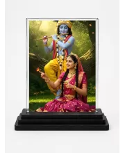 Shree Krishna Acrylic Car Dashboard Showpiece | Double-Sided Shree Krishna Photo Stand | 3 X 4 Inch Photo | Transparent Acrylic Frame With Black Base | Car Dashboard, Office & Table Decor (F71375)