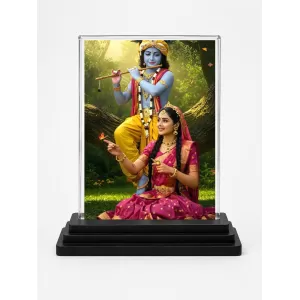 Shree Krishna Acrylic Car Dashboard Showpiece | Double-Sided Shree Krishna Photo Stand | 3 X 4 Inch Photo | Transparent Acrylic Frame With Black Base | Car Dashboard, Office & Table Decor (F71375)